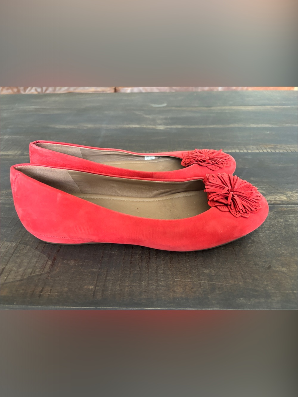 Ecco Red Suede Ballet Flats with Pom Detail